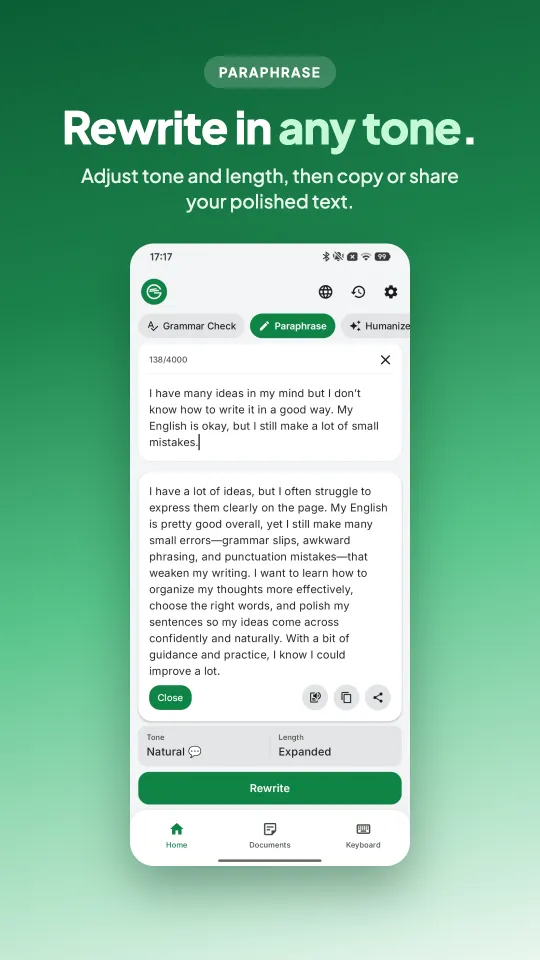 Grammar AI Check paraphrase screen